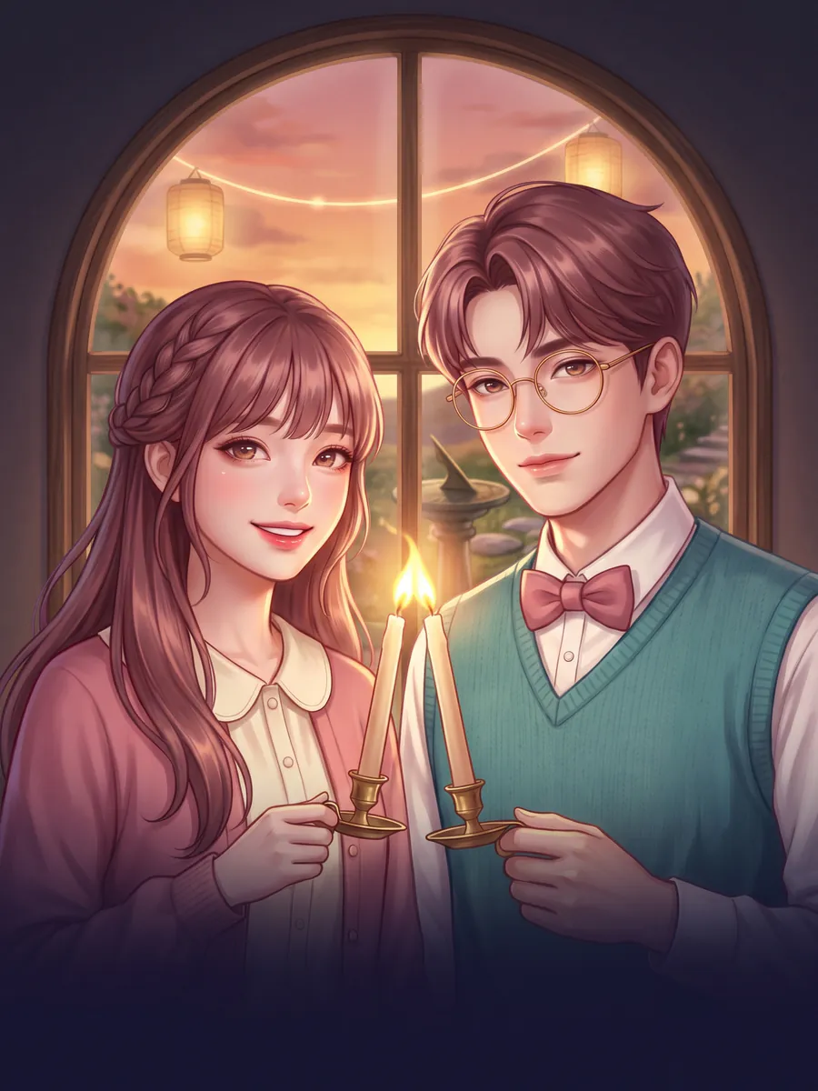 온결·온새가 햇빛 정원에서 빛 도구를 들고 있는 그림
