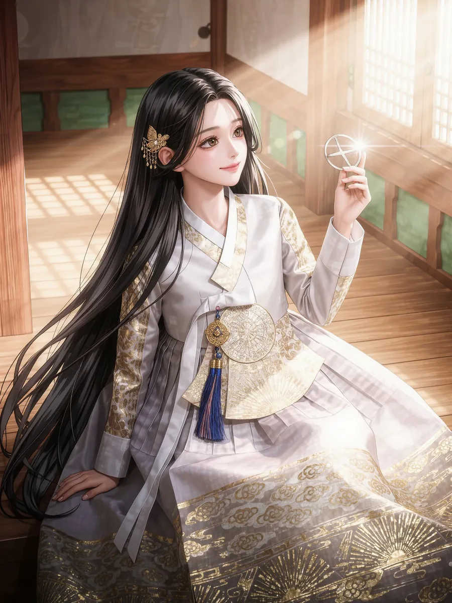 해람가 햇빛 정원에서 빛 도구를 들고 있는 그림